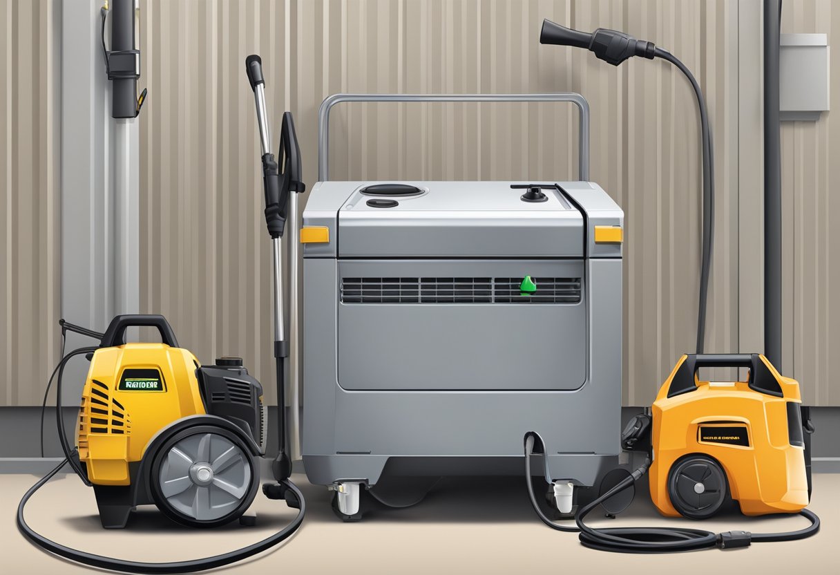A power washer connected to an electric outlet, with a cord trailing to the machine. A gas-powered engine with a pull-start mechanism sits next to it