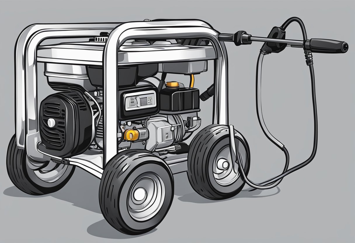 The power washer is connected to an electric outlet or powered by a gas engine. The engine types include electric, gas, and diesel