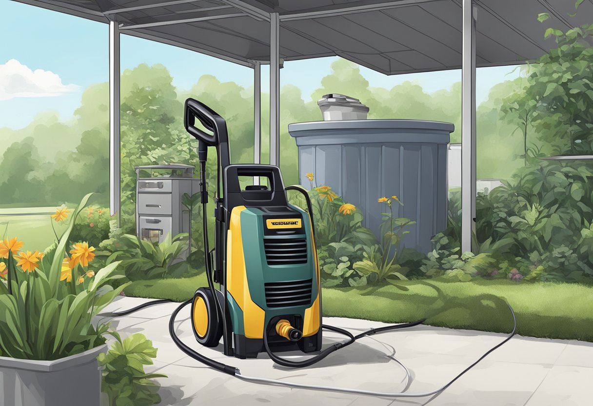 A power washer is connected to an electrical outlet, with various engine types nearby. The scene is set outdoors, with greenery and a clear sky
