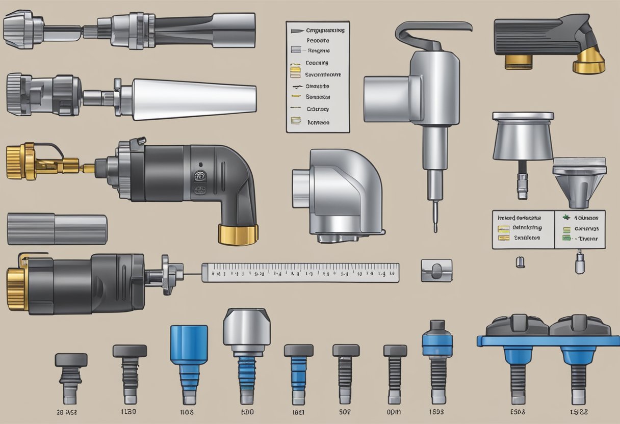 A variety of power washer nozzles, including 0-degree, 15-degree, and 25-degree, are displayed on a clean, organized workbench with labels indicating their specific uses