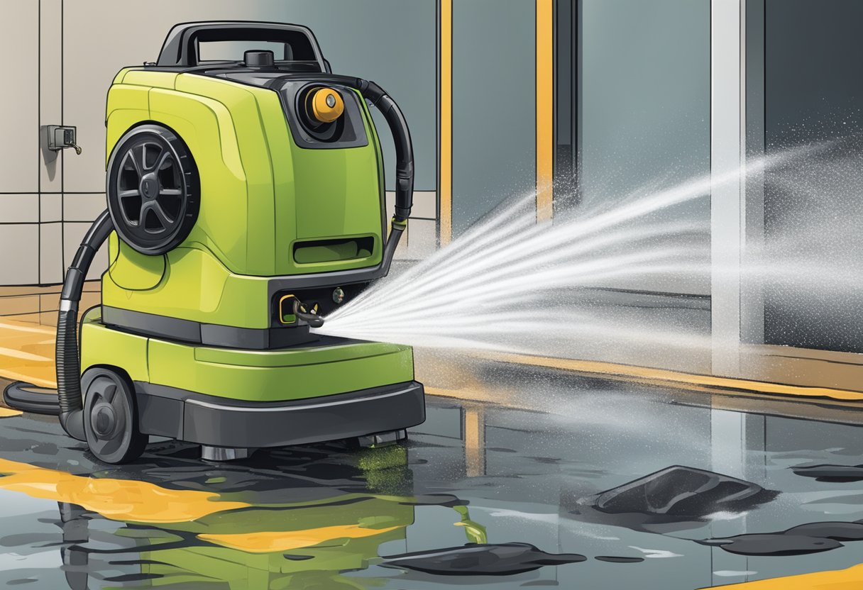 A power washer spraying water onto a dirty surface, with various pumps and materials nearby