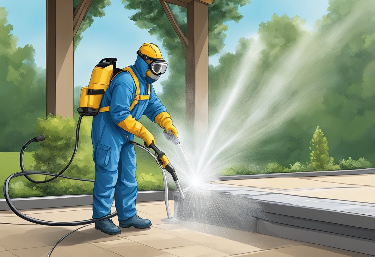 A person wearing safety goggles, gloves, and a protective suit operates a power washer, spraying a surface with a steady stream of water while maintaining a safe distance