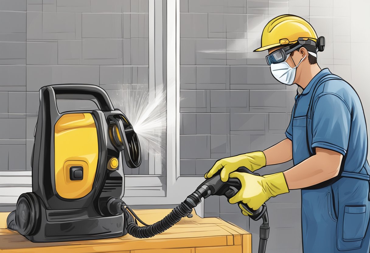 A person wearing safety goggles, gloves, and ear protection while operating a power washer