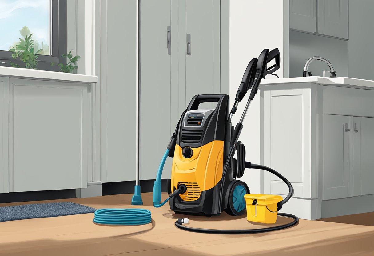 A power washer sits on a clean, level surface. Safety gear, including goggles, gloves, and sturdy footwear, is neatly arranged nearby