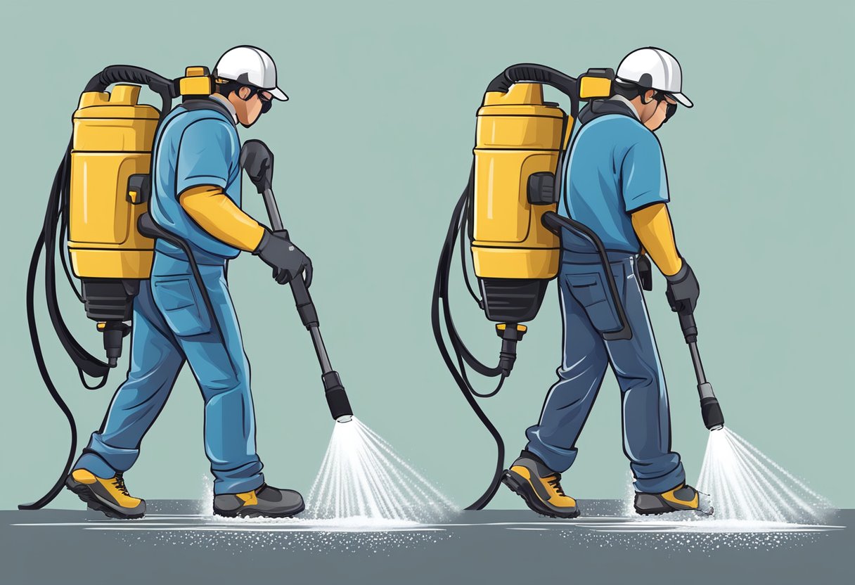 A power washer sprays water on various surfaces, removing dirt and grime