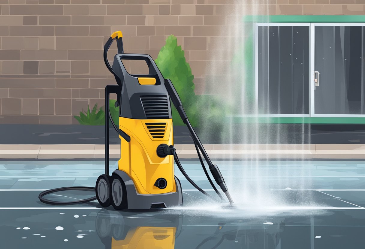 A power washer sprays water on a dirty surface, removing grime. A waste management system collects and filters the runoff, ensuring eco-friendly cleaning