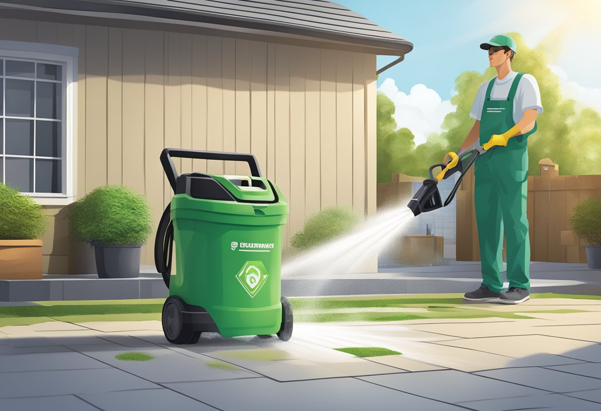 A power washer spraying eco-friendly cleaning solution onto a surface, with waste management containers nearby