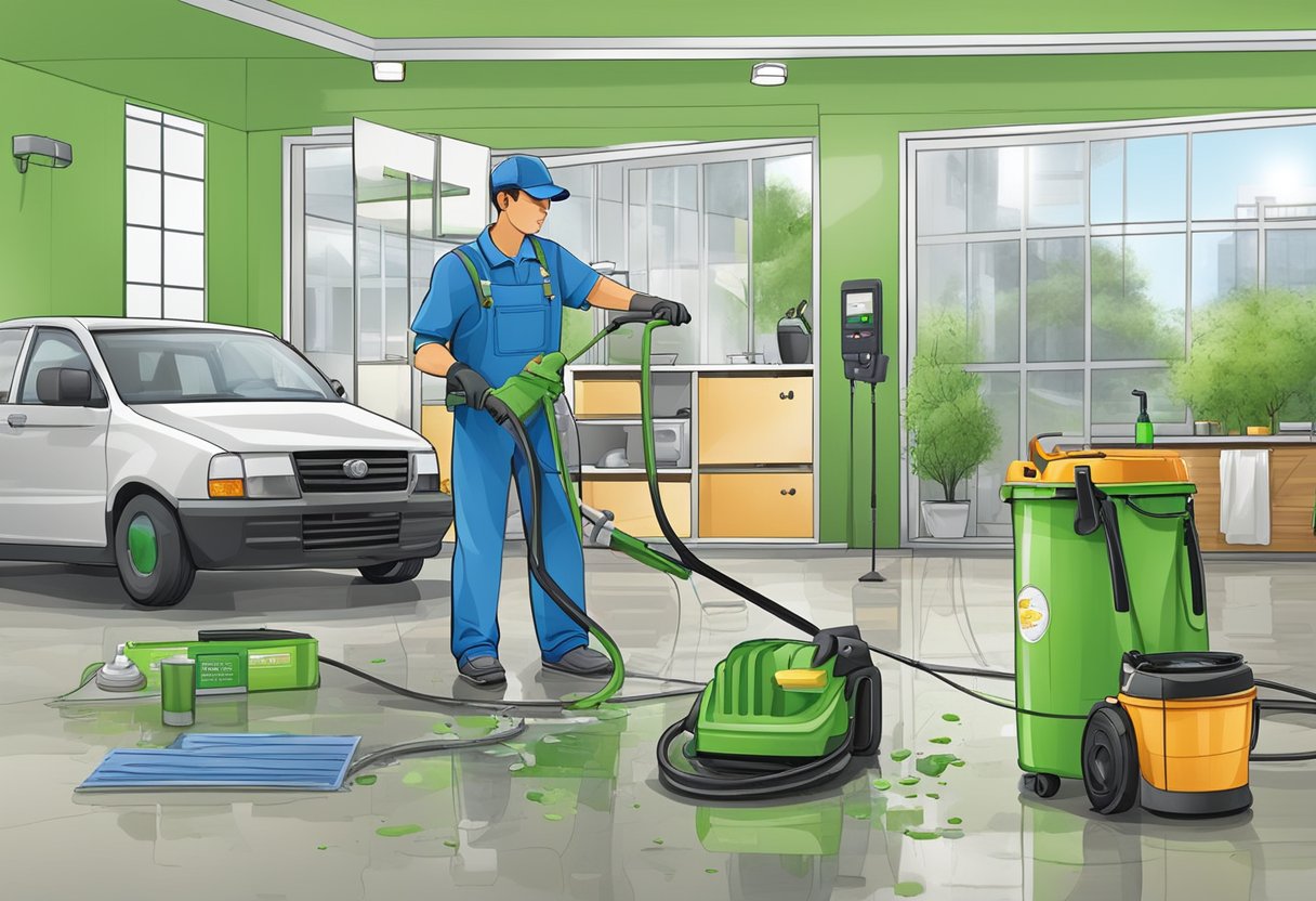 A power washer in action, surrounded by eco-friendly cleaning products and waste management equipment, displaying various regulations and certifications