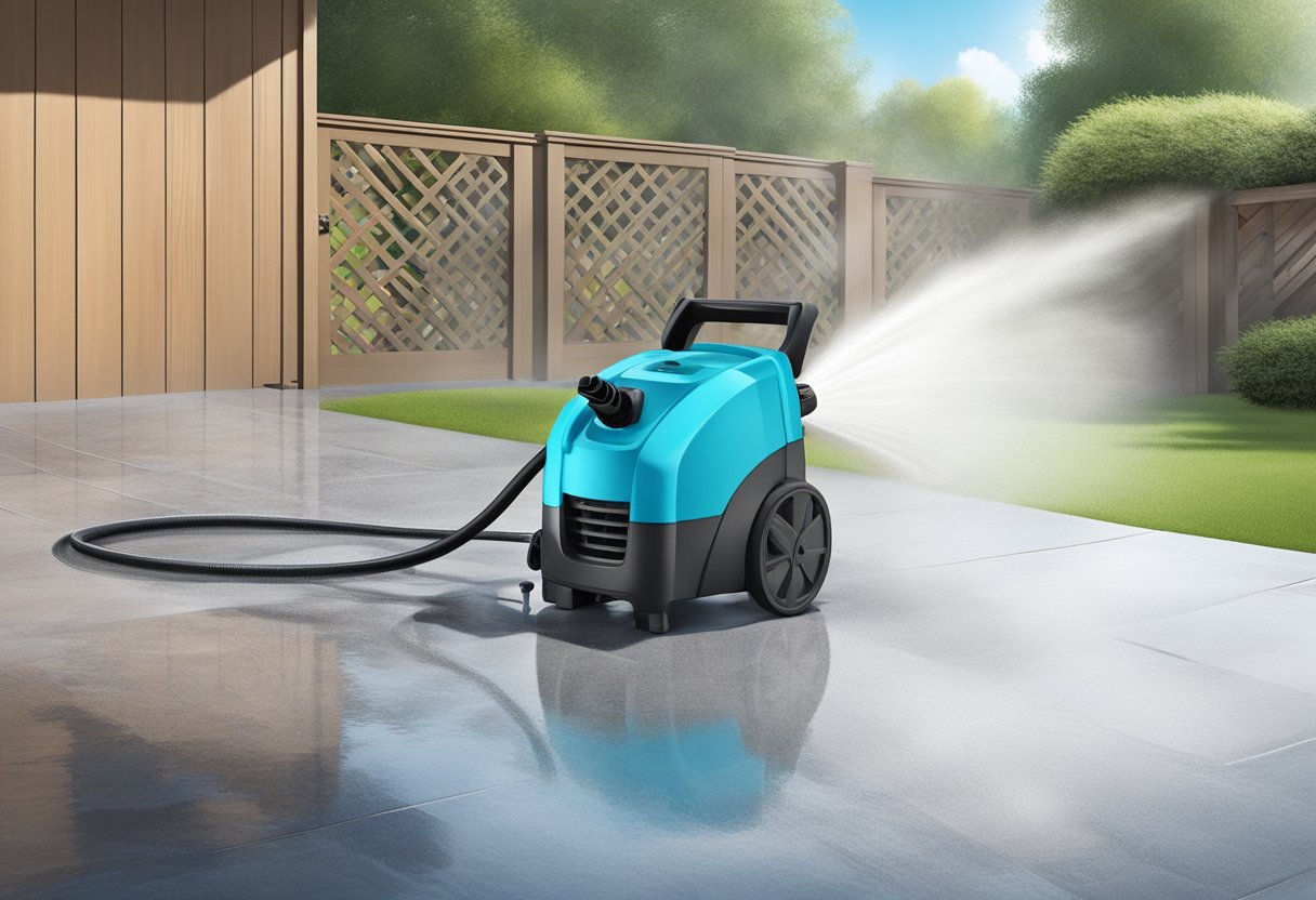 A power washer sprays detergent onto a surface, effectively removing dirt and grime with strong, focused streams of water