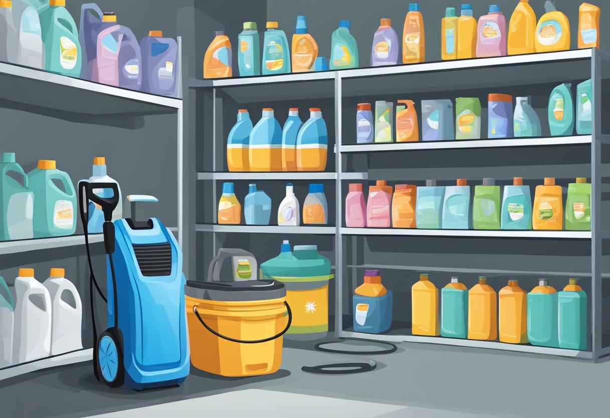 A power washer sits next to a shelf of detergent bottles in a clean and organized storage room