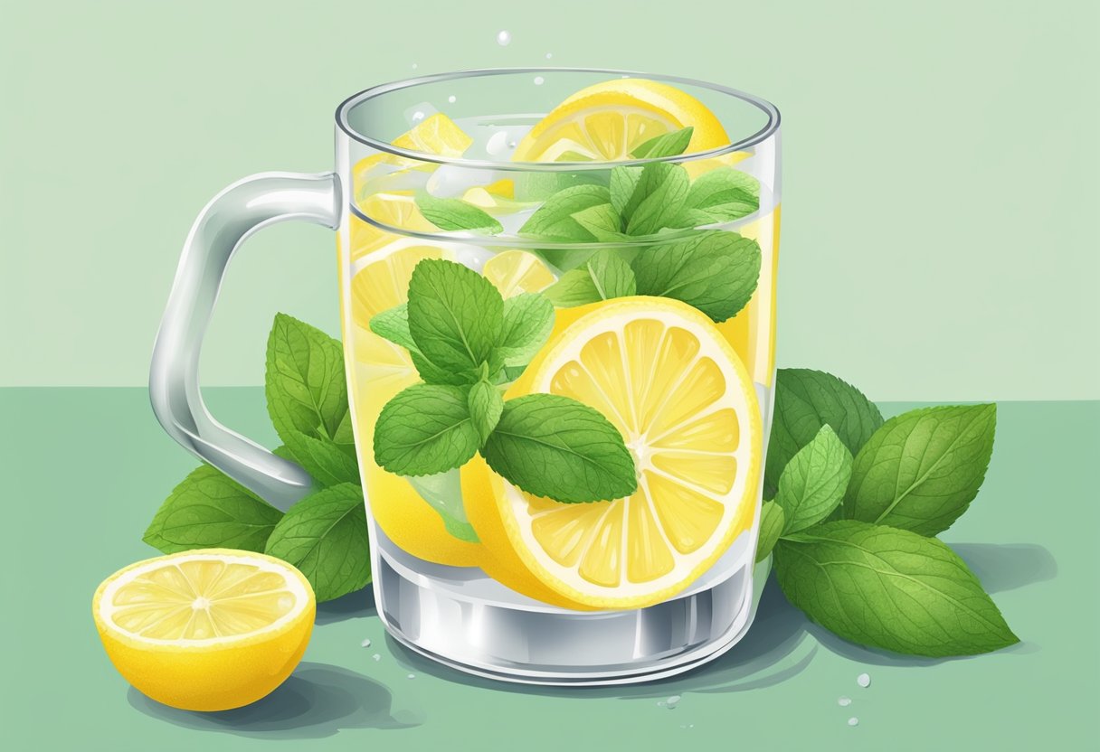 A glass of lemon water surrounded by fresh lemons and a sprig of mint