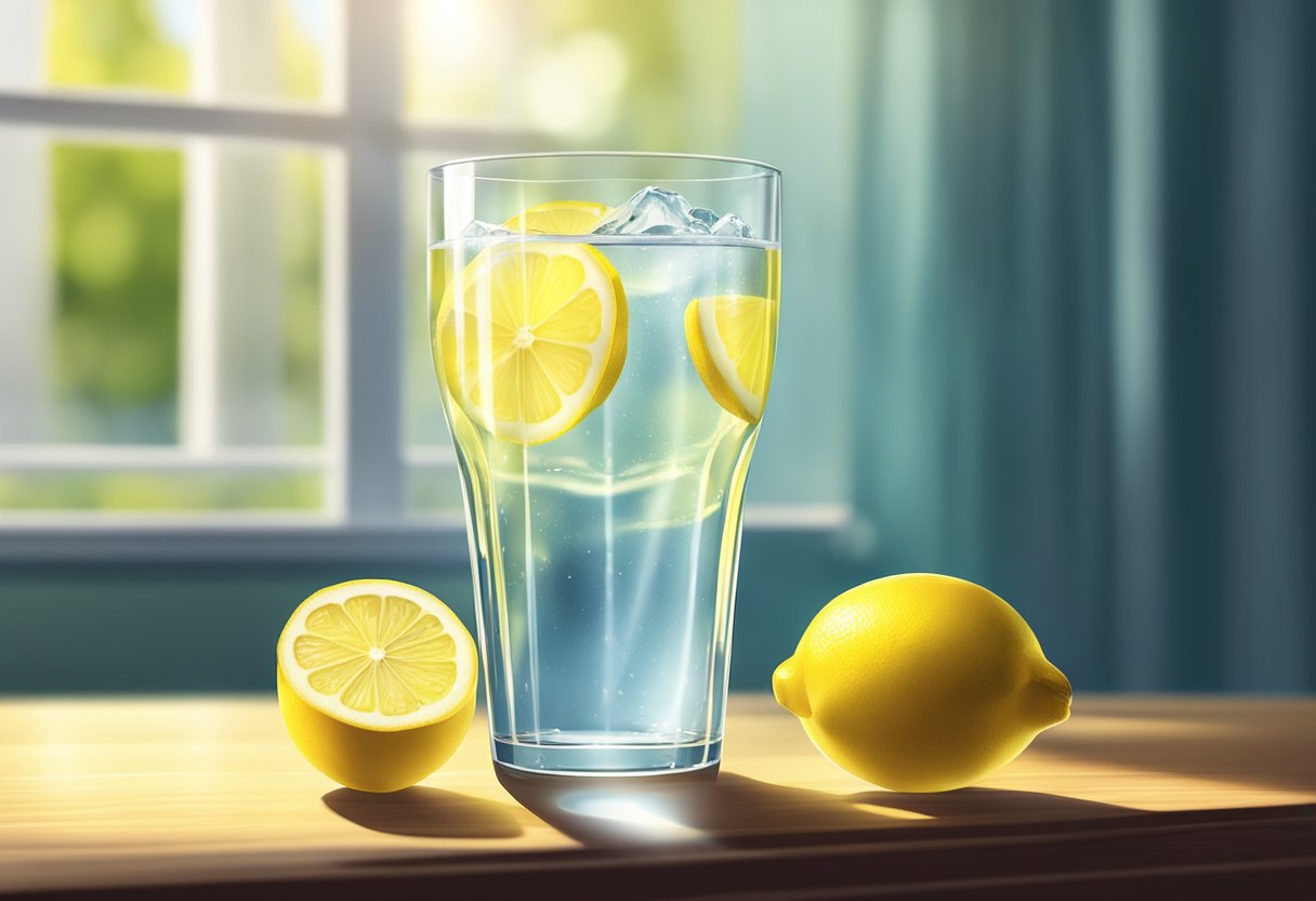 A glass of lemon water sits on a table, with a lemon slice floating inside. Rays of sunlight shine through the window, illuminating the refreshing drink