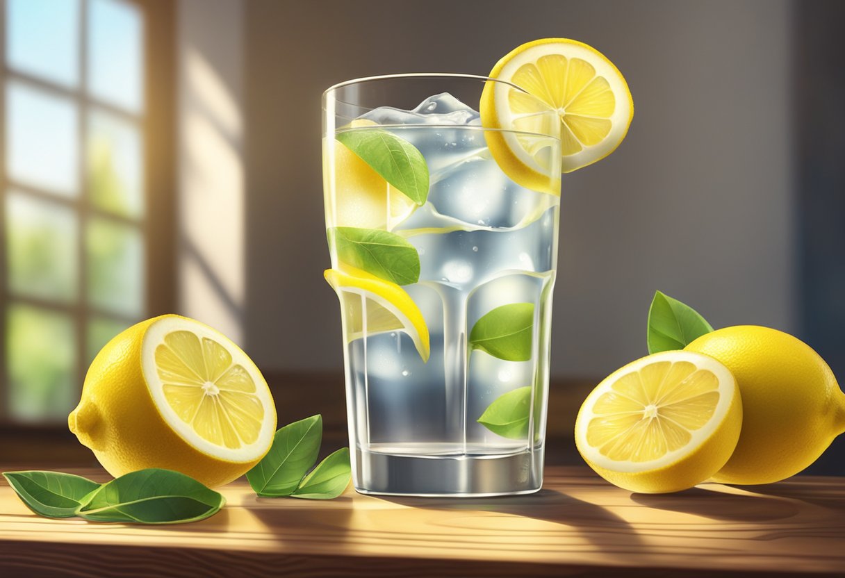 A glass of lemon water sits on a wooden table, with a fresh lemon slice floating in the liquid. The sunlight streams in, casting a warm glow on the scene