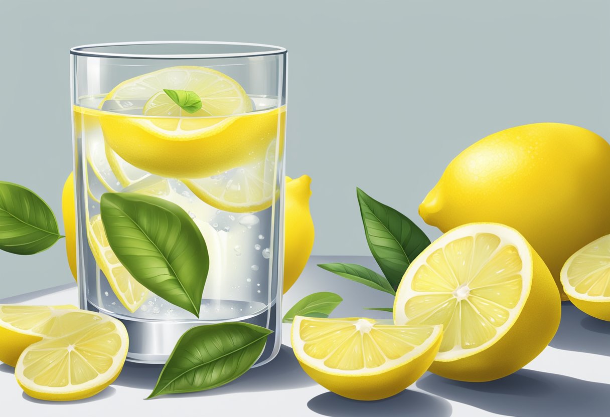 A glass of lemon water surrounded by fresh lemons and a youthful, glowing complexion