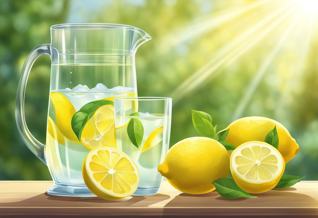 A glass of lemon water sits on a table, surrounded by fresh lemons and a pitcher of water. The sunlight streams in, highlighting the refreshing drink