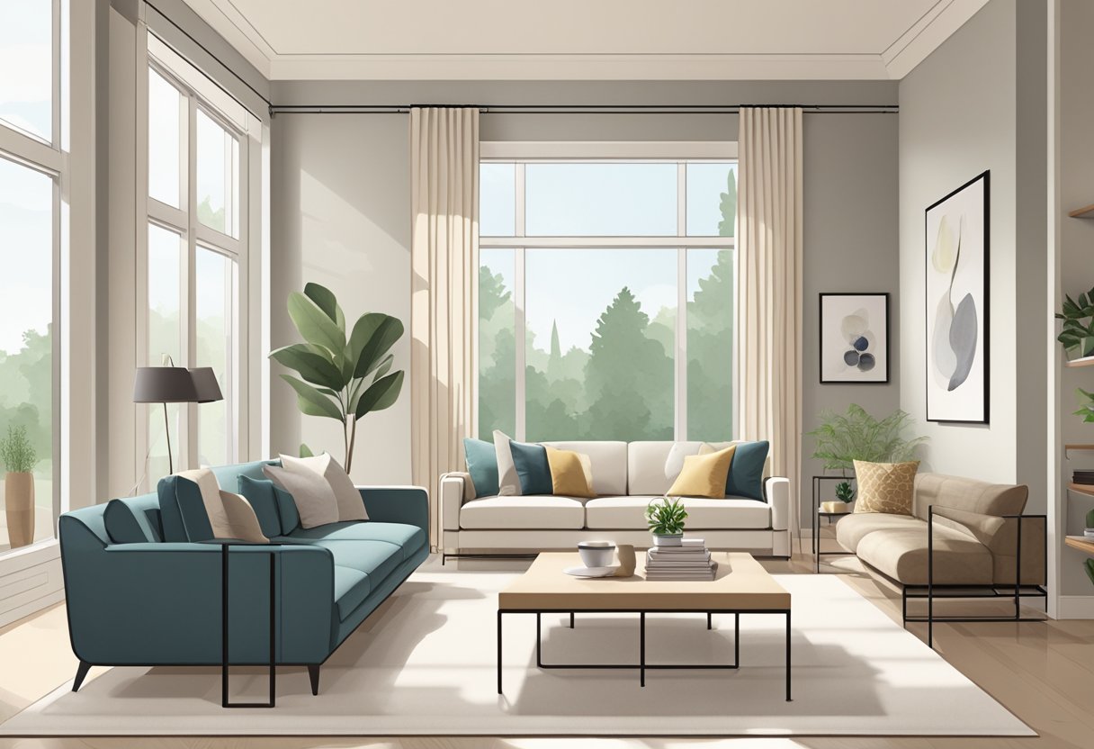 A spacious living room with clean lines, neutral colors, and minimal furniture. Large windows let in natural light, illuminating the simple, uncluttered space types of minimalist interior design