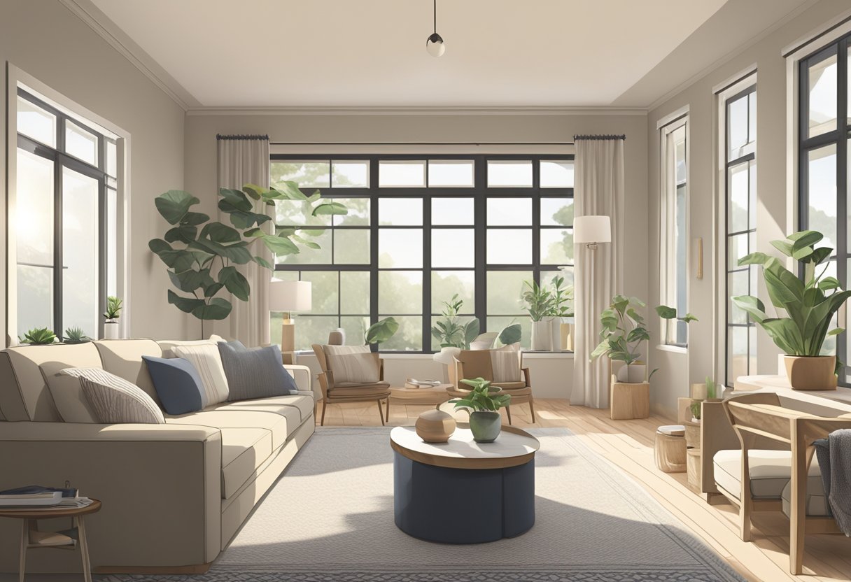 A clutter-free living room with neutral colors, simple furniture, and natural light filtering through unadorned windows types of minimalist interior design