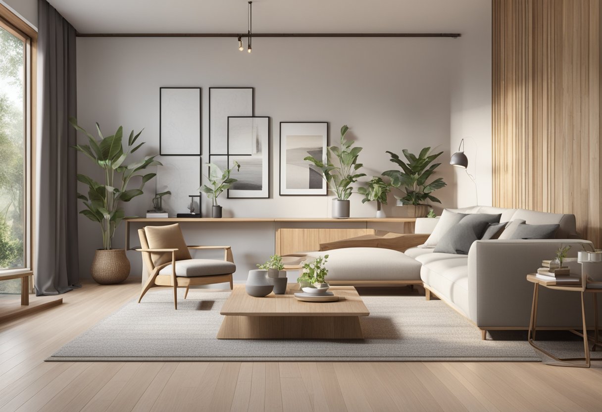 A room with clean lines, neutral colors, and simple furniture. Use of natural materials like wood and stone. No clutter, just a few carefully chosen decorative pieces types of minimalist interior design