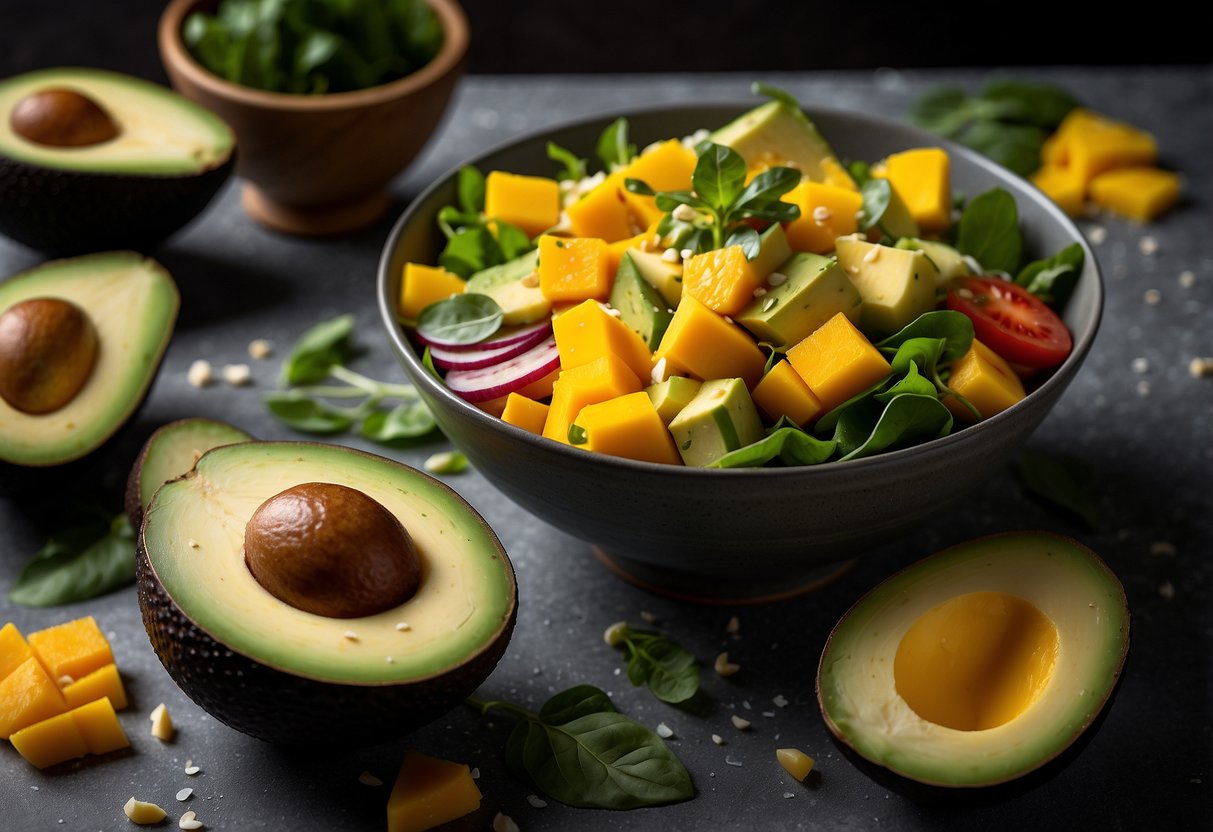 A colorful bowl of avocado and mango salad with fresh greens, sliced fruits, and a drizzle of vinaigrette, surrounded by scattered ingredients