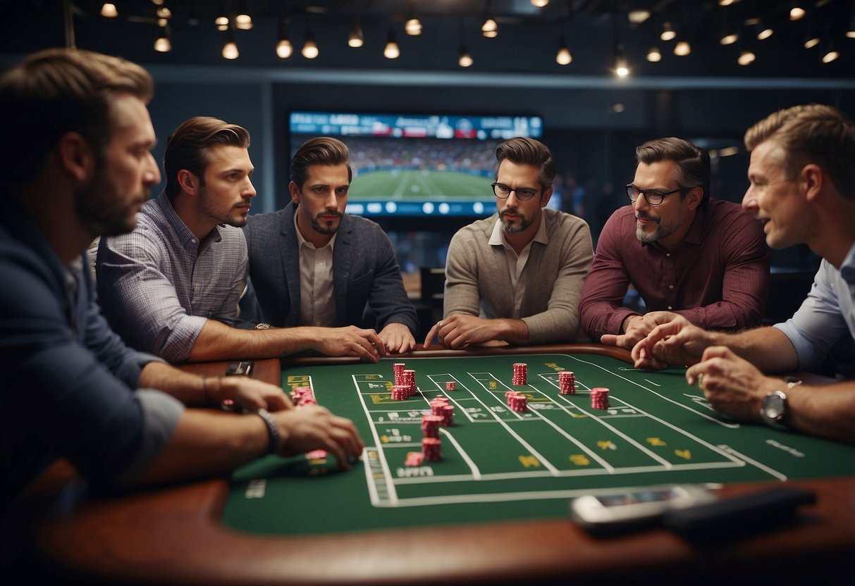 A group of people gather around a screen, eagerly watching a sports game. Betting slips and pens are scattered on the table as they discuss odds and strategies