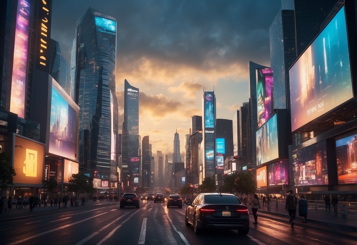 A futuristic city skyline with holographic billboards displaying "VidIQ Top 5 YouTube Marketing Services of 2024" amidst bustling traffic and neon lights