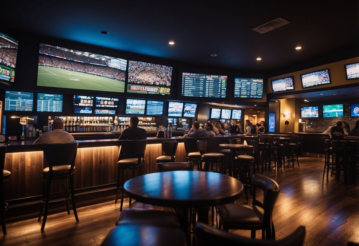 A bustling sports bar with cheering fans, flashing screens, and a crowded betting counter. Nearby, a sleek online betting app is being used on a smartphone