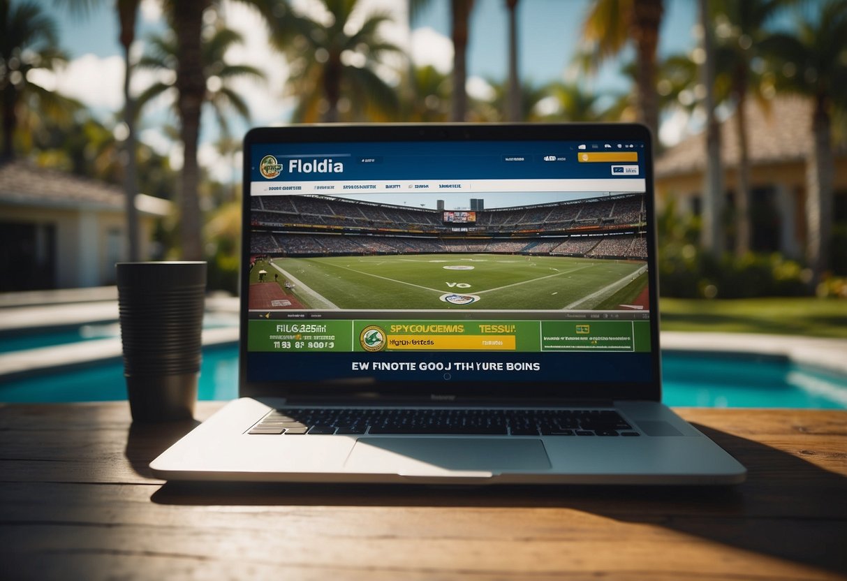 A computer screen displaying a fantasy sports website with Florida sports teams and logos. A mobile phone with a sports betting app open, set against a backdrop of palm trees and sunshine