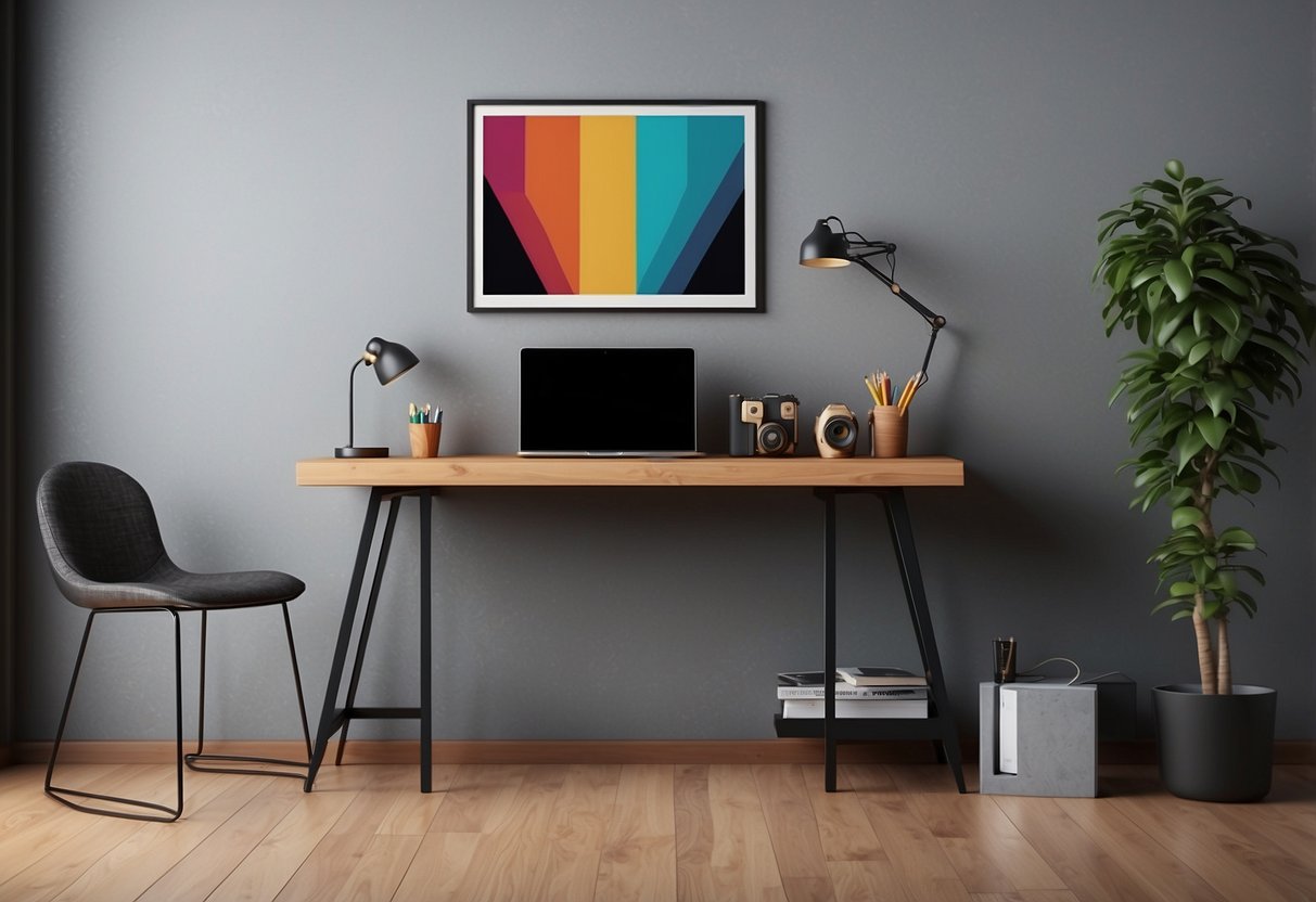 A sleek, modern desk with a laptop, sketchbook, and various design tools. A vibrant, eye-catching graphic design portfolio displayed on a wall-mounted shelf