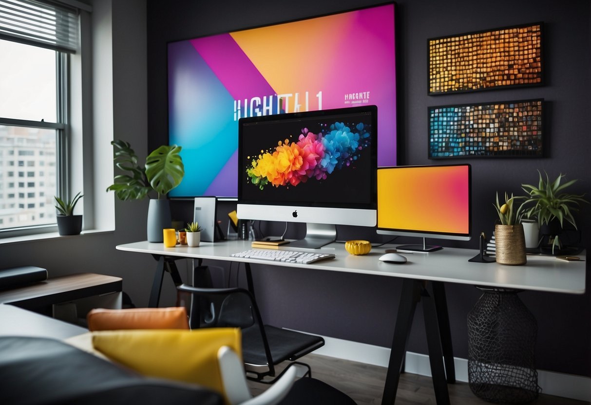 A vibrant, modern workspace with a sleek computer, color swatches, and design tools. A wall displays a striking array of graphic design pieces