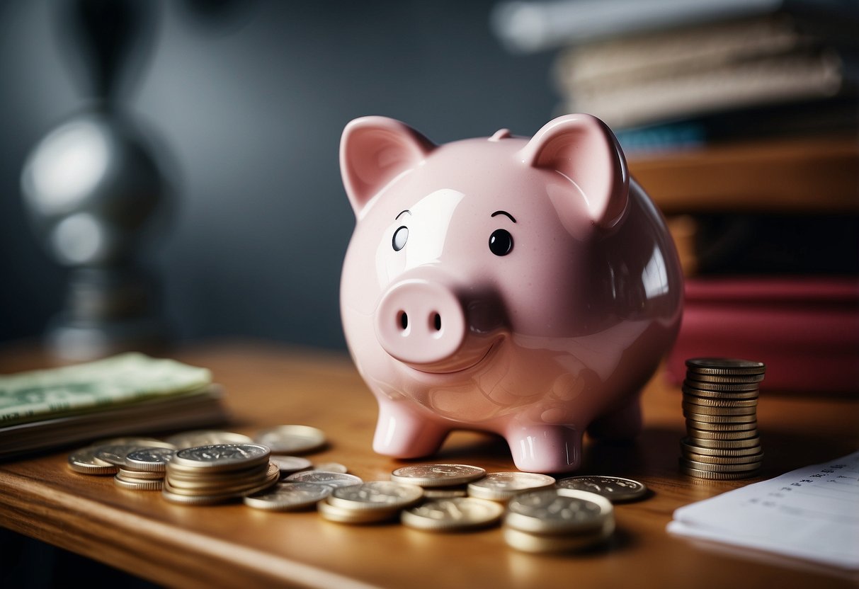 How To Save 1000 A Month: A piggy bank sits on a desk, filled with coins and bills. A calendar on the wall shows each month with a $1000 goal circled in red. A stack of money-saving tips sits nearby