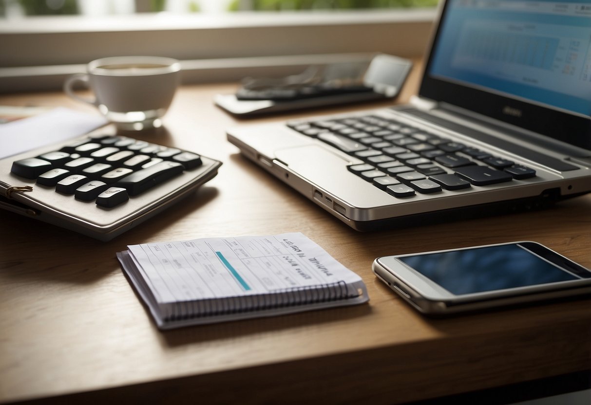 How To Save 3000 In 3 Months: A desk with a laptop, calculator, and budget planner. A calendar showing 3 months. A jar labeled "savings" with money inside