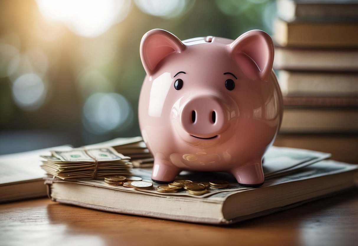 How To Save 3000 In 2 Months: A piggy bank overflowing with coins and bills, a calendar with two months highlighted, and a stack of money-saving books and resources