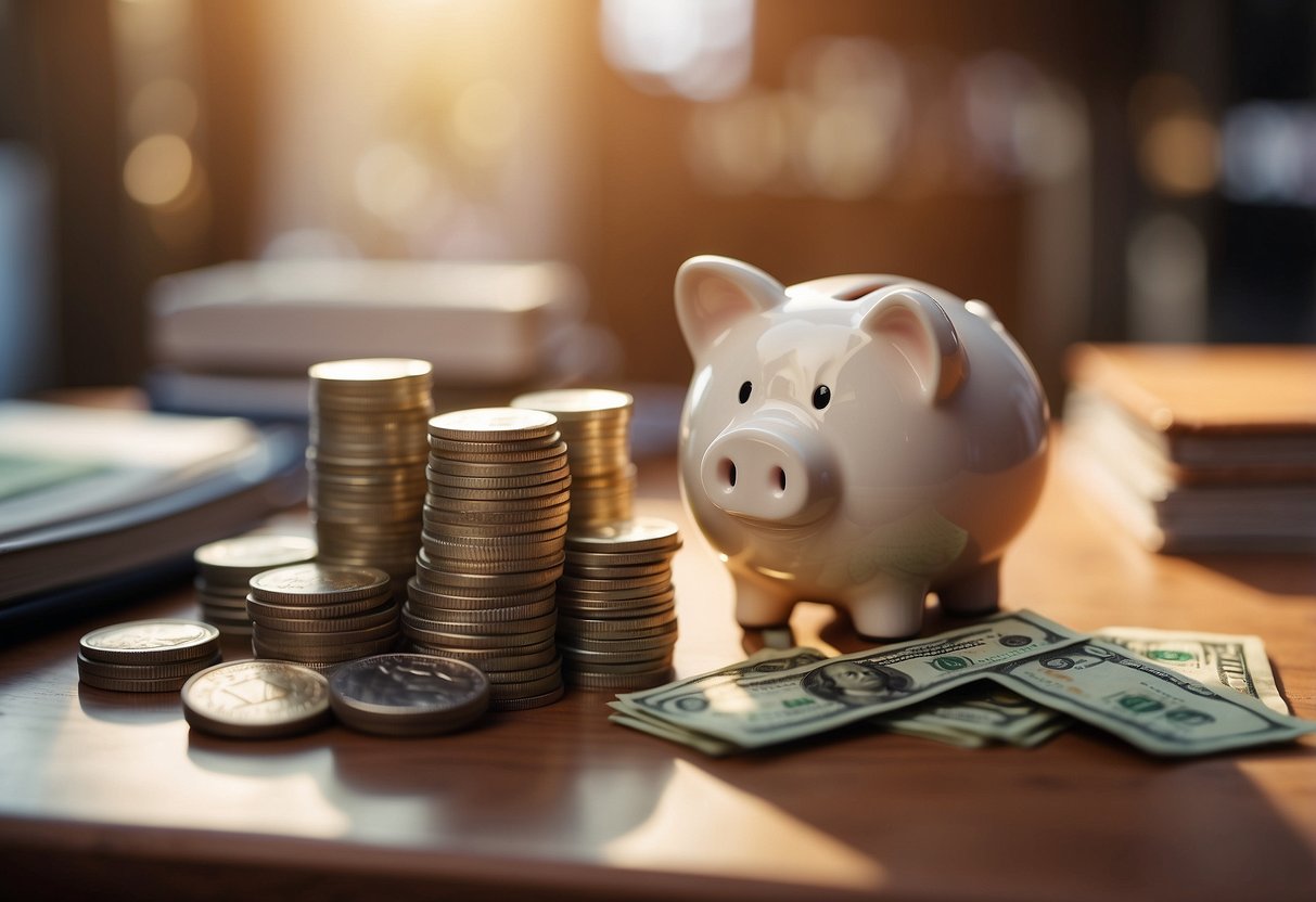 How To Save 4000 In 3 Months: A piggy bank with a slot for coins and bills, surrounded by stacks of money and a calendar showing 3 months