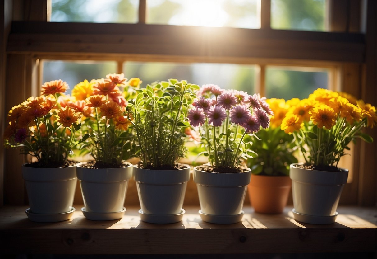 Colorful potted flowers arranged in a variety of creative ways, displayed on shelves or hanging from hooks, with sunlight streaming in through nearby windows