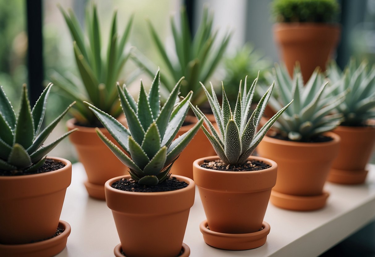 Aloe Vera plants in various pots, arranged in a creative and aesthetic display