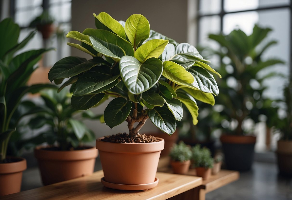 A fiddle leaf fig stands tall among 23 potted flowers, creating a lush and vibrant display of greenery and blooms