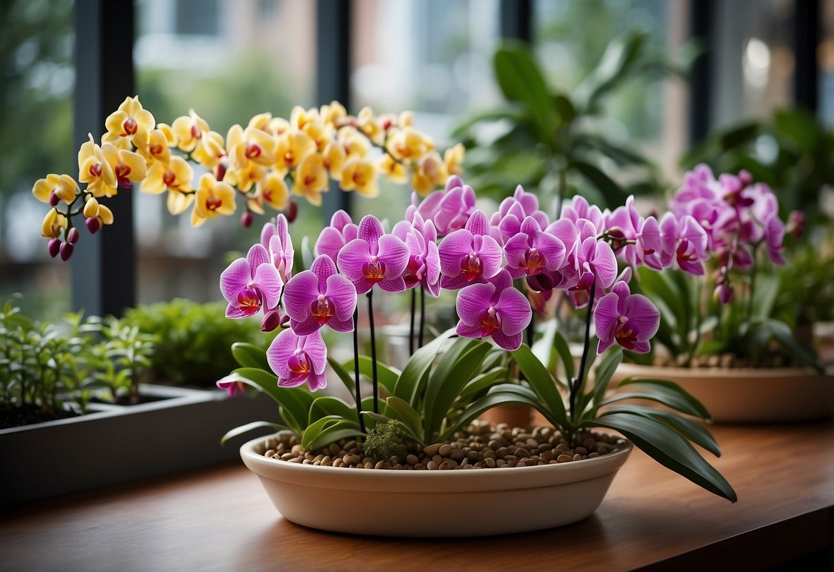 A table with 23 potted orchid flowers in various colors and sizes, arranged in a decorative manner with green foliage and delicate blooms