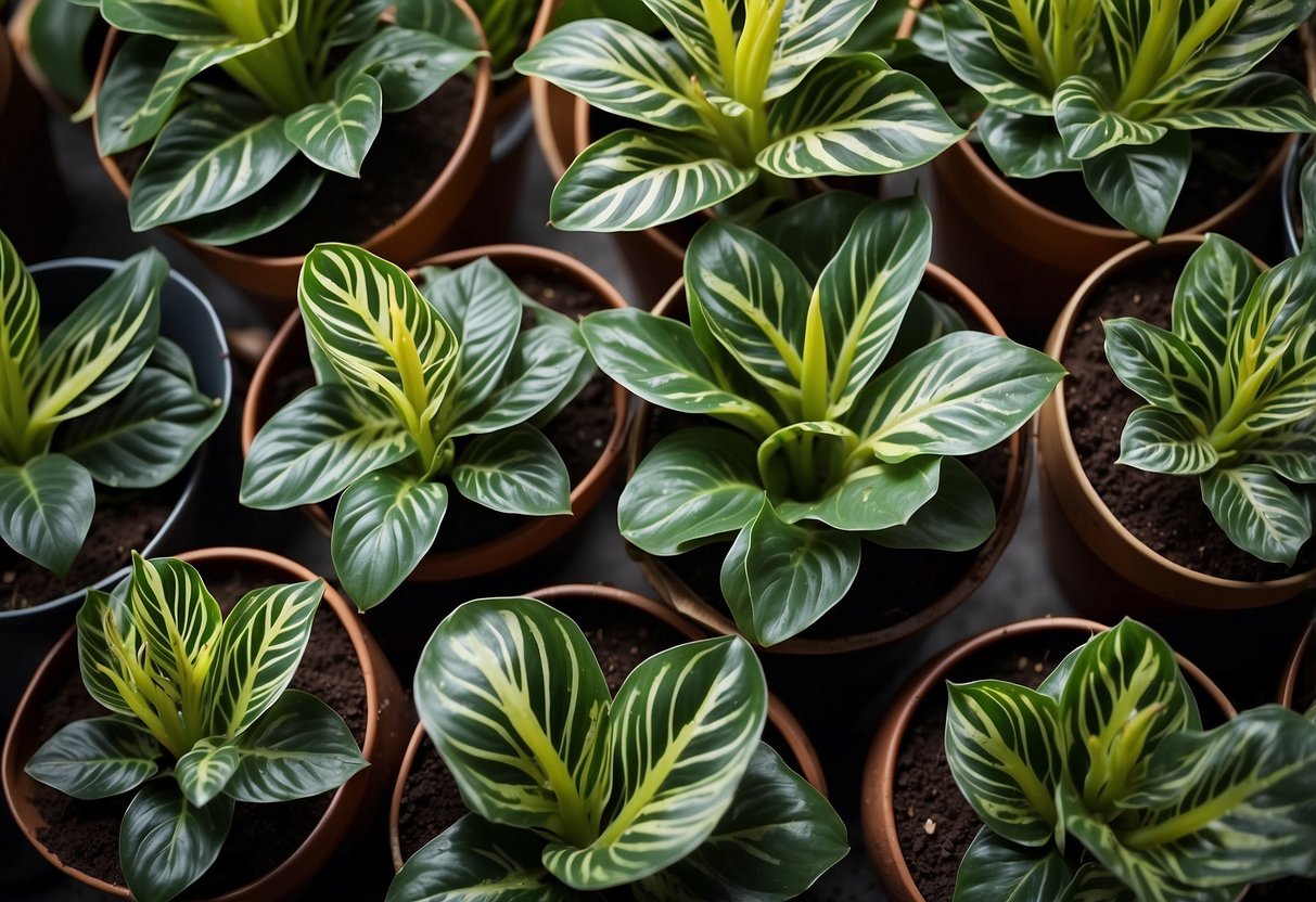 A collection of 23 potted Calathea flowers arranged in various patterns and sizes, creating a vibrant and lush display