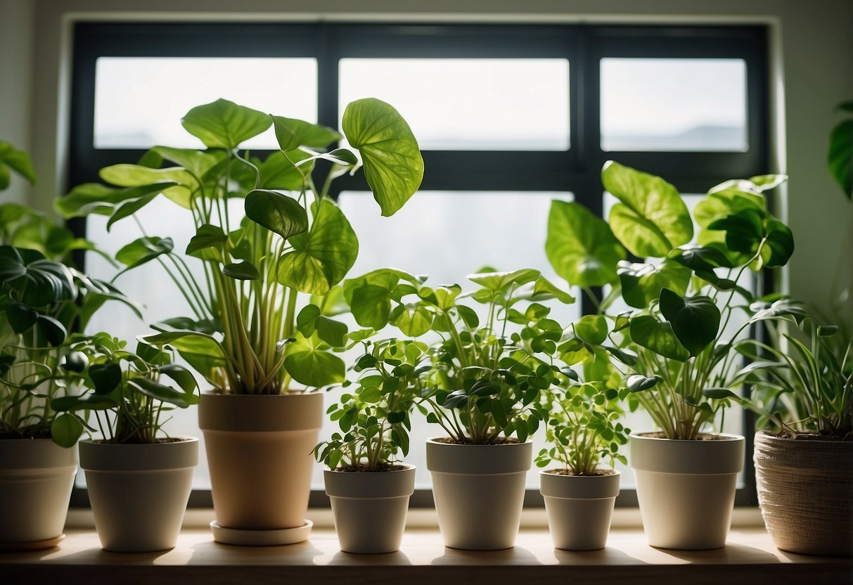 A variety of potted pothos plants arranged in a bright, airy space with natural light streaming in, showcasing 23 different creative ideas for displaying these lush, trailing greenery