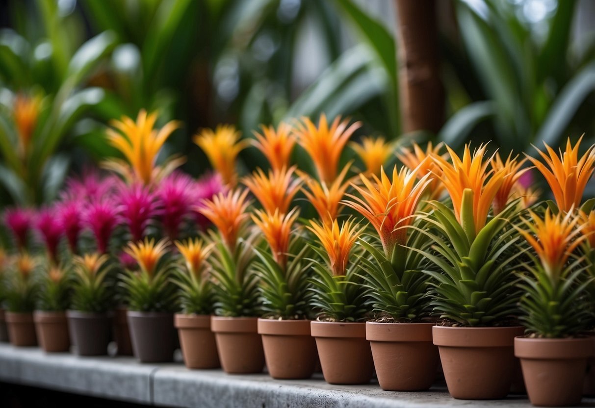 A colorful array of potted bromeliad flowers arranged in various sizes and shapes, creating a vibrant and lush display