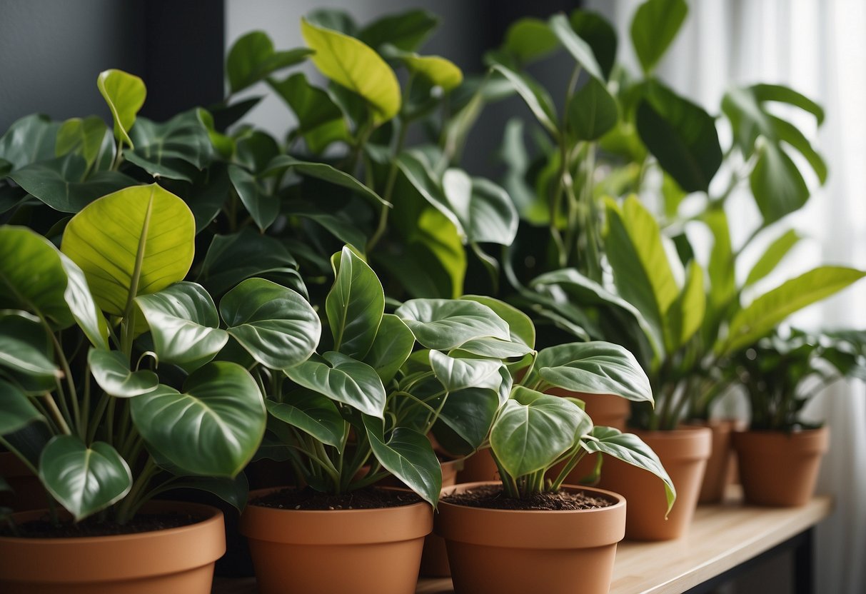 A collection of 23 Philodendron potted plants arranged in various creative and unique ideas, showcasing different sizes, shapes, and colors