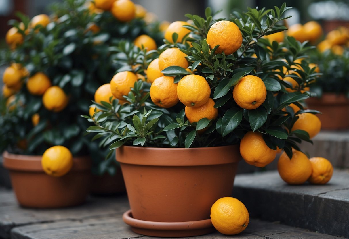 A dwarf citrus tree surrounded by 23 potted flowers, creating a vibrant and colorful display