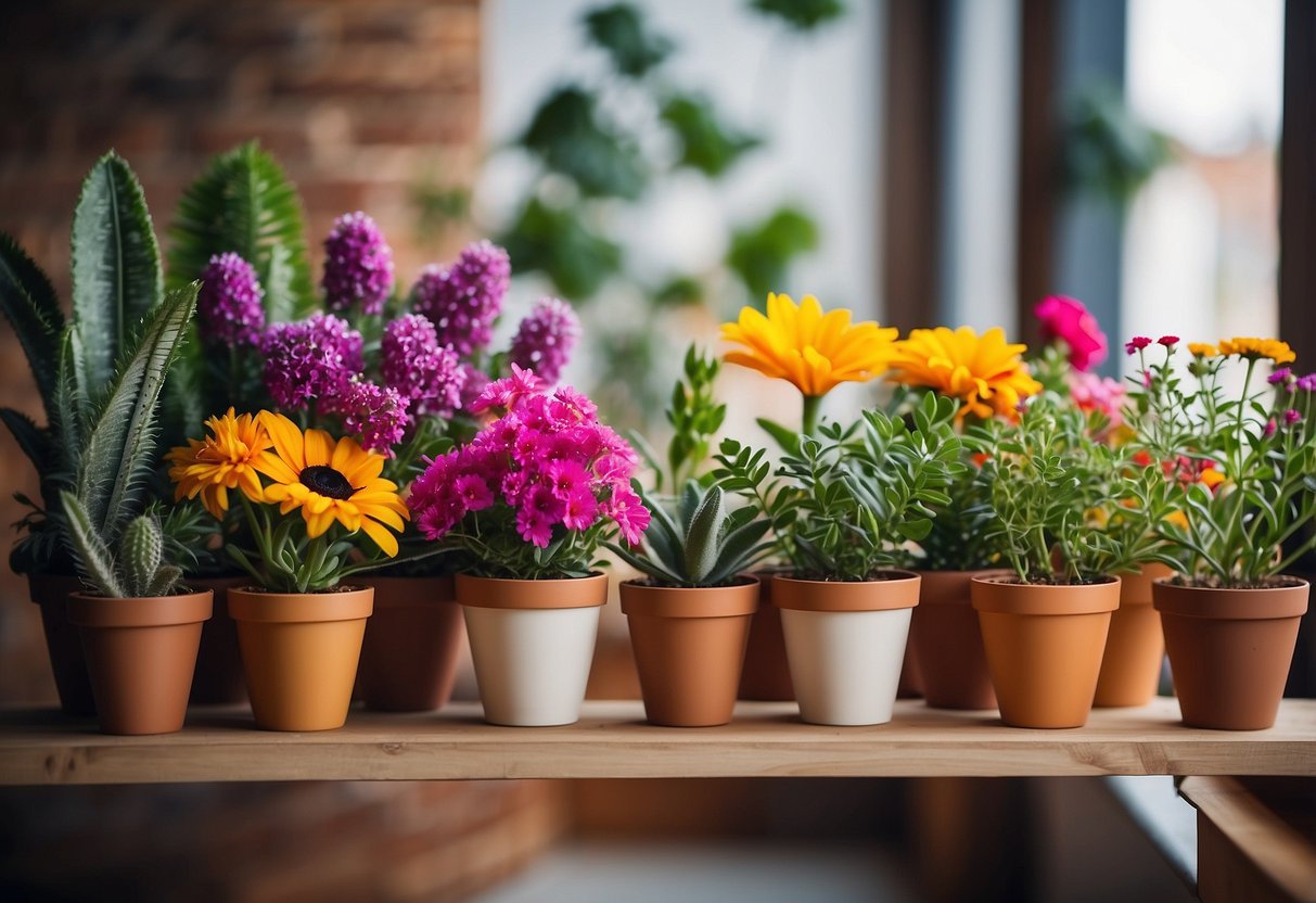 A variety of colorful potted flowers arranged on a wooden shelf, with different shapes and sizes of pots, creating a vibrant and lively display