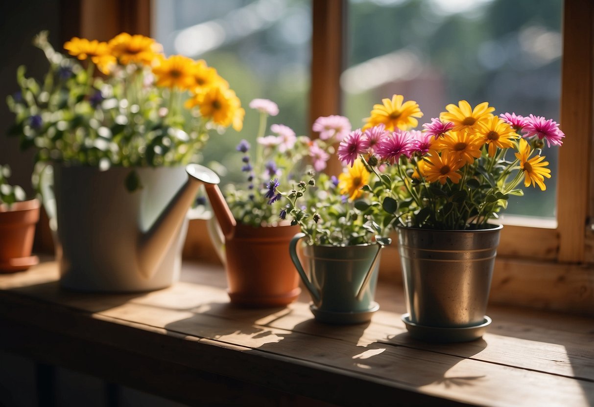 Bright sunlight filters through the window, illuminating a collection of potted flowers on a wooden table. Watering can and gardening tools are neatly arranged nearby