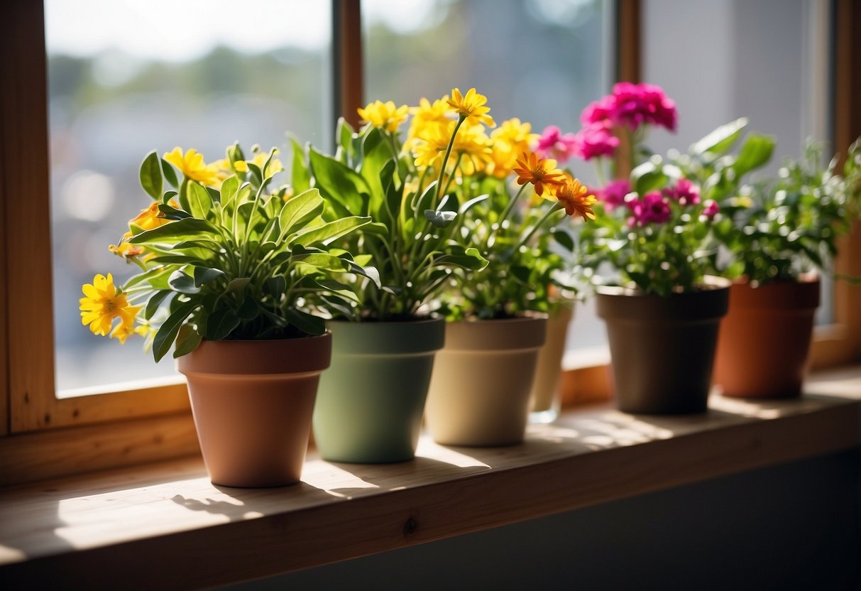 A variety of potted flowers arranged on a wooden shelf, with colorful blooms and lush green foliage. Sunlight filters through a nearby window, casting a warm glow on the vibrant display