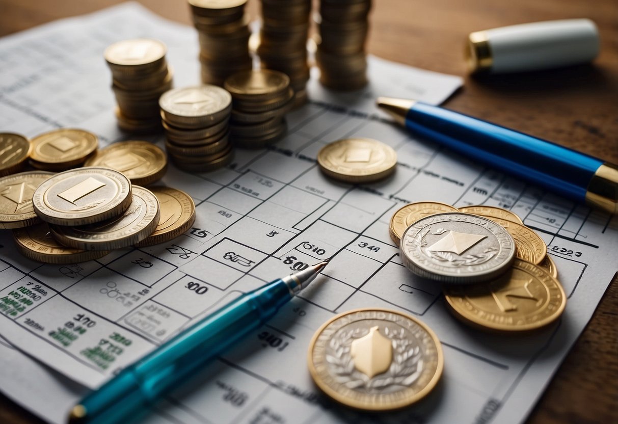 A stack of bills and coins with arrows pointing up for increasing income and down for decreasing expenses. A calendar showing 3 months with a target of $5000 circled