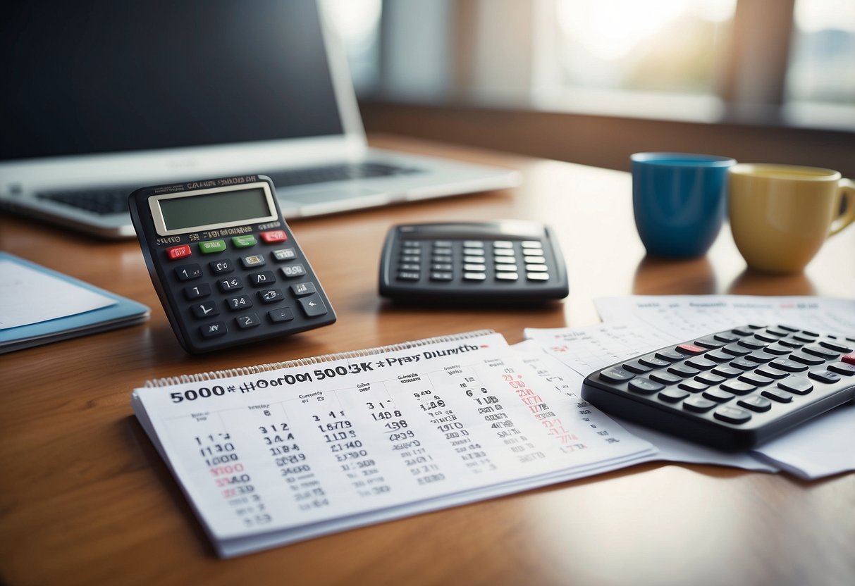 A desk with a calendar, calculator, and savings tracker. A clear path leading to a piggy bank labeled "5000 in 3 months."