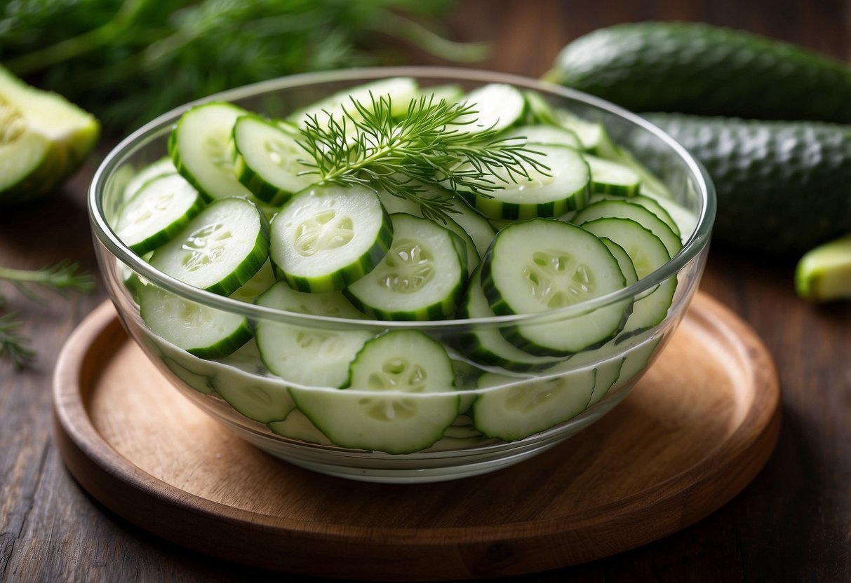 A bowl of cucumber slices with dill dressing, surrounded by fresh ingredients and a nutrition label