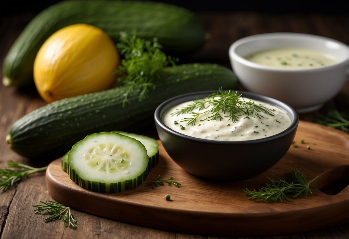 A wooden cutting board with fresh cucumbers, dill, and a knife. A bowl filled with creamy dressing sits nearby