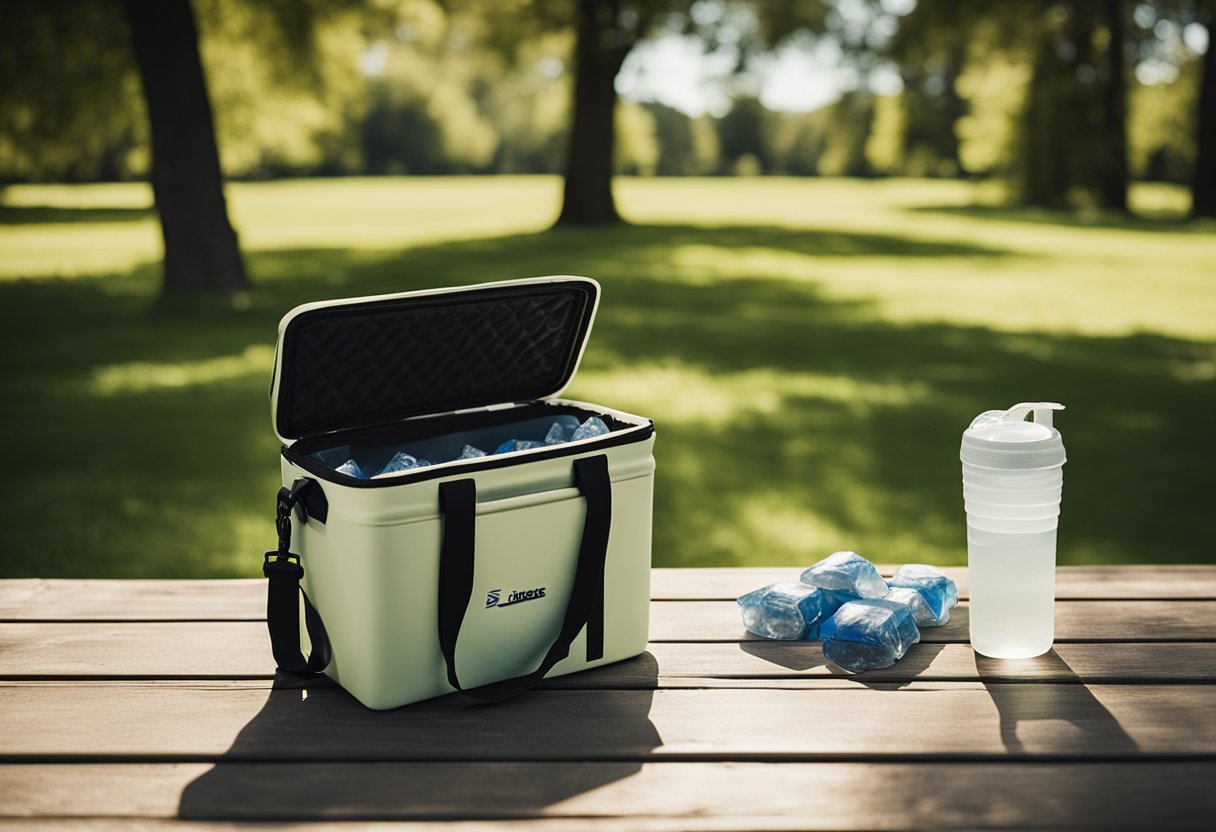 A cooler sits open on a picnic table, filled with ice packs and surrounded by insulated bags. A small stream runs nearby, and the shaded area provides relief from the sun